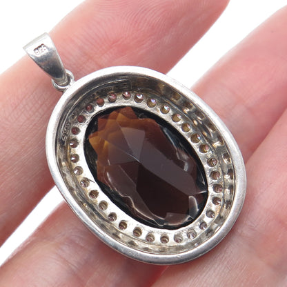 925 Sterling Silver Enamel Real Smoky Quartz & C Z Charm Pendant