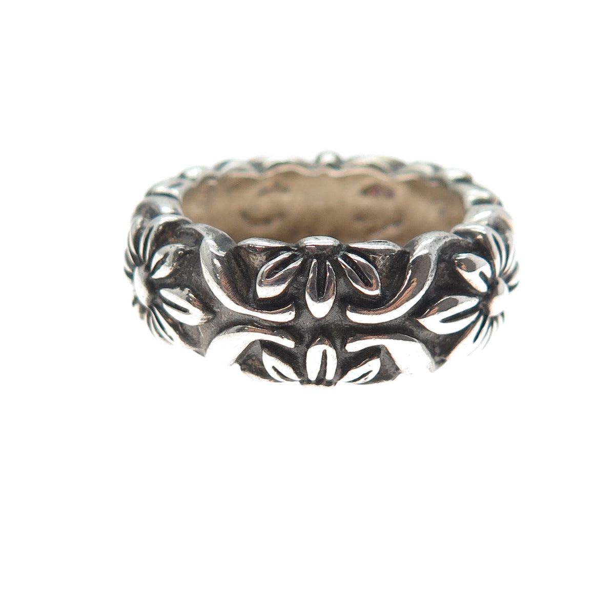925 Sterling Silver Vintage Flower Oxidized Band Ring Size 8.25
