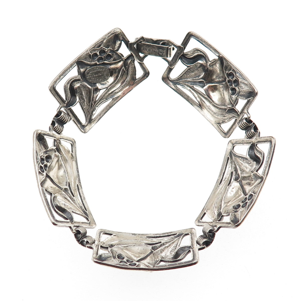 Danecraft Sterling Silver Antique Art Deco Floral Link Oxidized Bracelet 7.25"