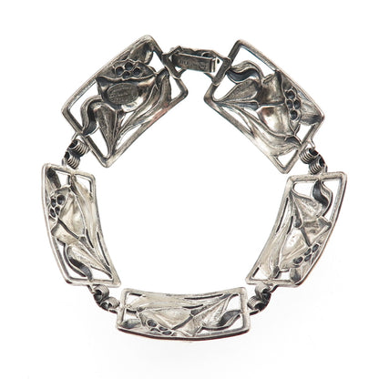 Danecraft Sterling Silver Antique Art Deco Floral Link Oxidized Bracelet 7.25"