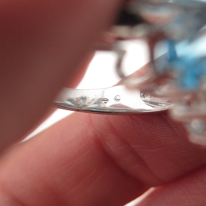 925 Sterling Silver Real Diamond & Blue Topaz Floral Ring Size 7.25