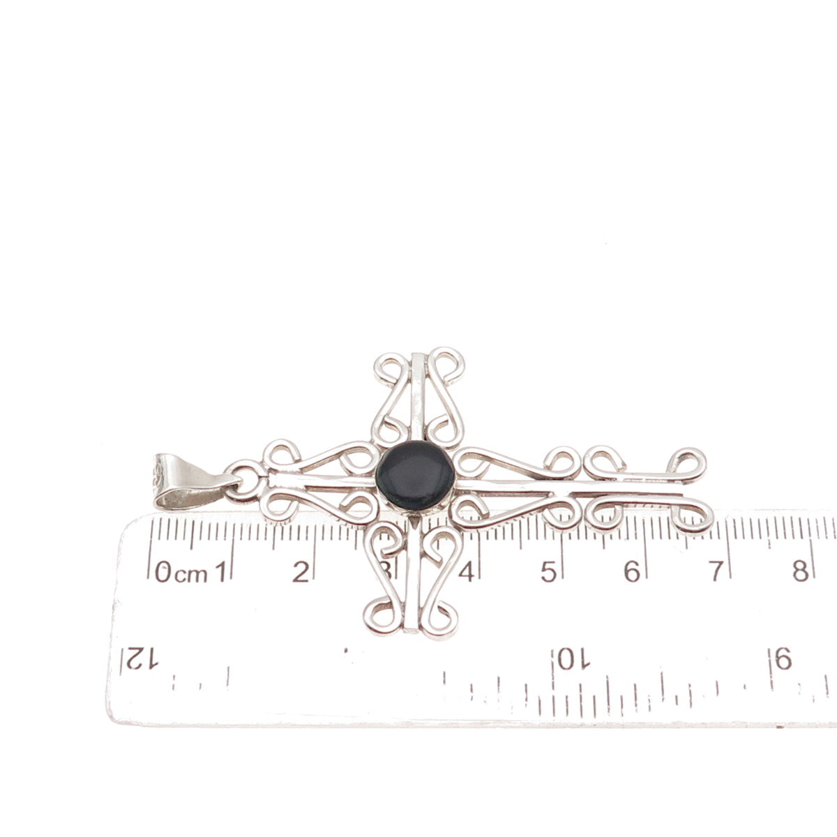 925 Sterling Silver Vintage Mexico Real Black Onyx Ornate Cross Pendant