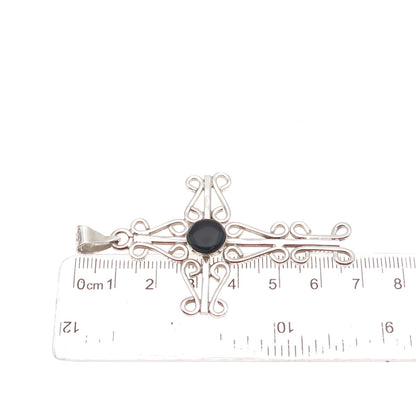 925 Sterling Silver Vintage Mexico Real Black Onyx Ornate Cross Pendant