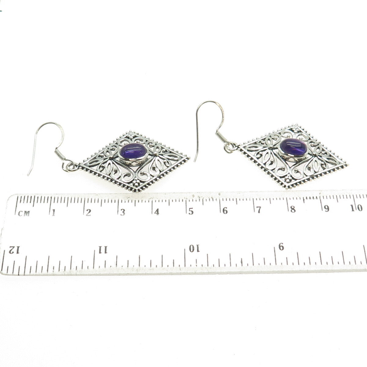 925 Sterling Silver Vintage Real Amethyst Flower Oxidized Dangle Earrings