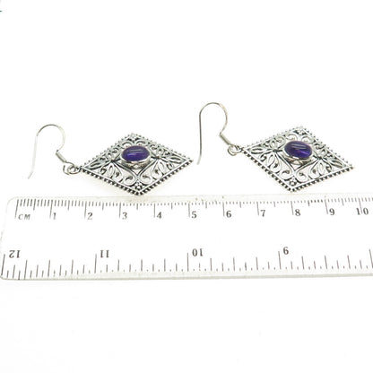 925 Sterling Silver Vintage Real Amethyst Flower Oxidized Dangle Earrings