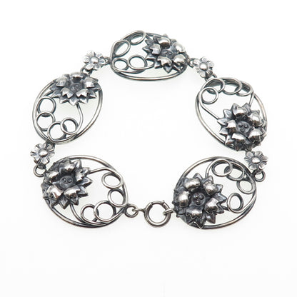 925 Sterling Silver Antique Art Deco Flower Oxidized Panel Link Bracelet 7.5"