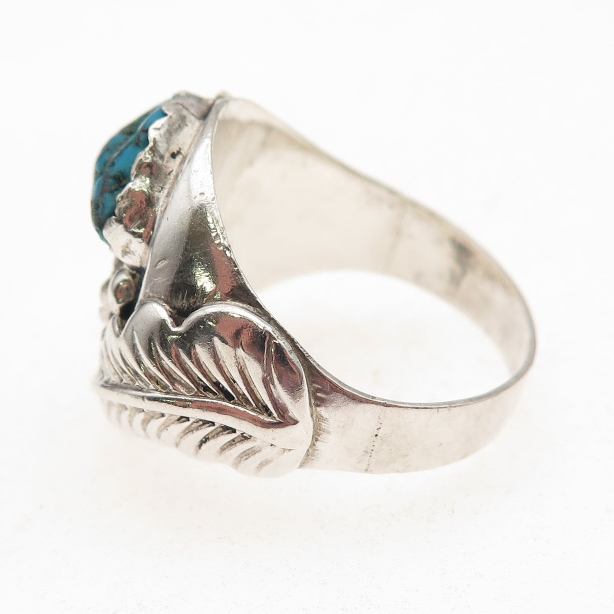 Old Pawn 925 Sterling Vintage Turquoise Feather Ring Size 13 (missing 1 stone)