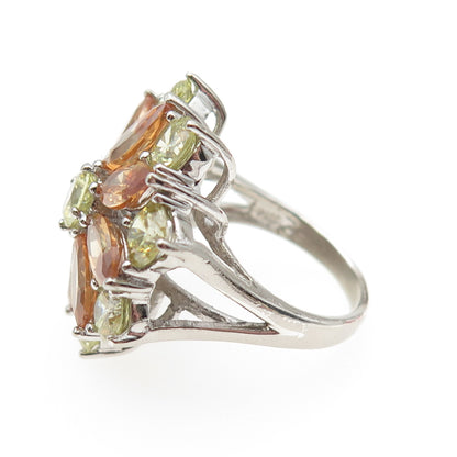 925 Sterling Silver Marquise-Cut Orange & Round-Cut Green C Z Ring Size 7.25