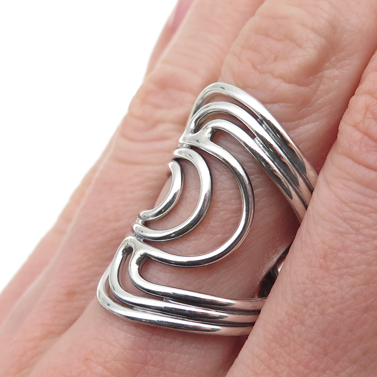 925 Sterling Silver Vintage Modernist Overlap Oxidized Ring Size 7.75