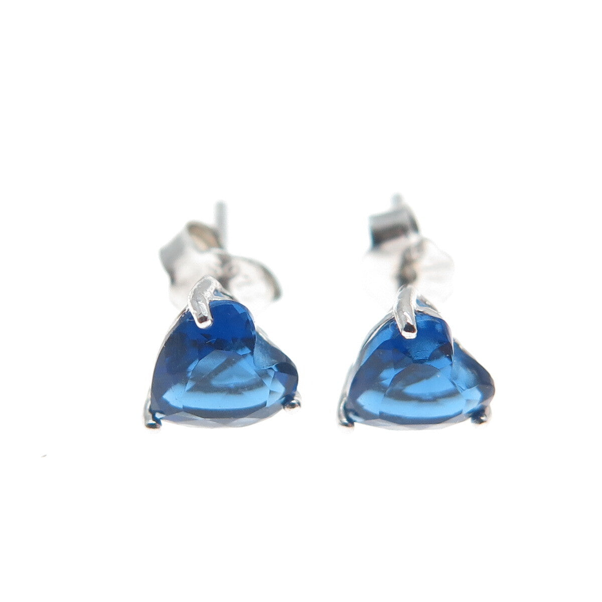 925 Sterling Silver Heart-Cut Dark Blue C Z Stud Earrings