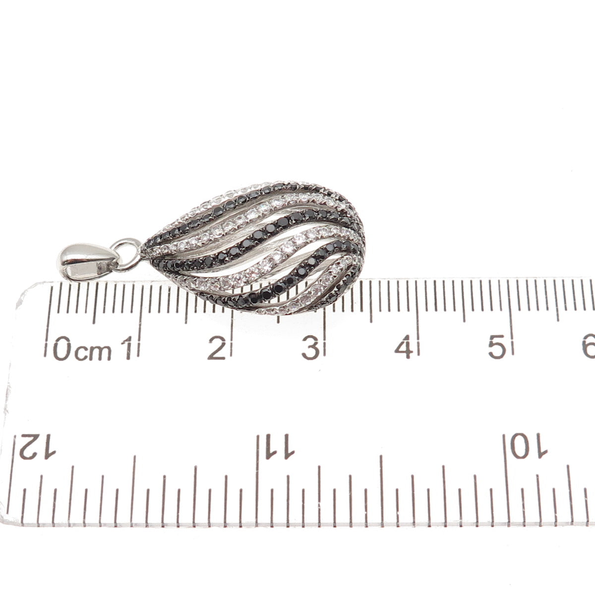 925 Sterling Silver Real Round-Cut Black Spinel & C Z Teardrop Charm Pendant