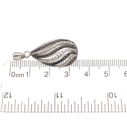 925 Sterling Silver Real Round-Cut Black Spinel & C Z Teardrop Charm Pendant