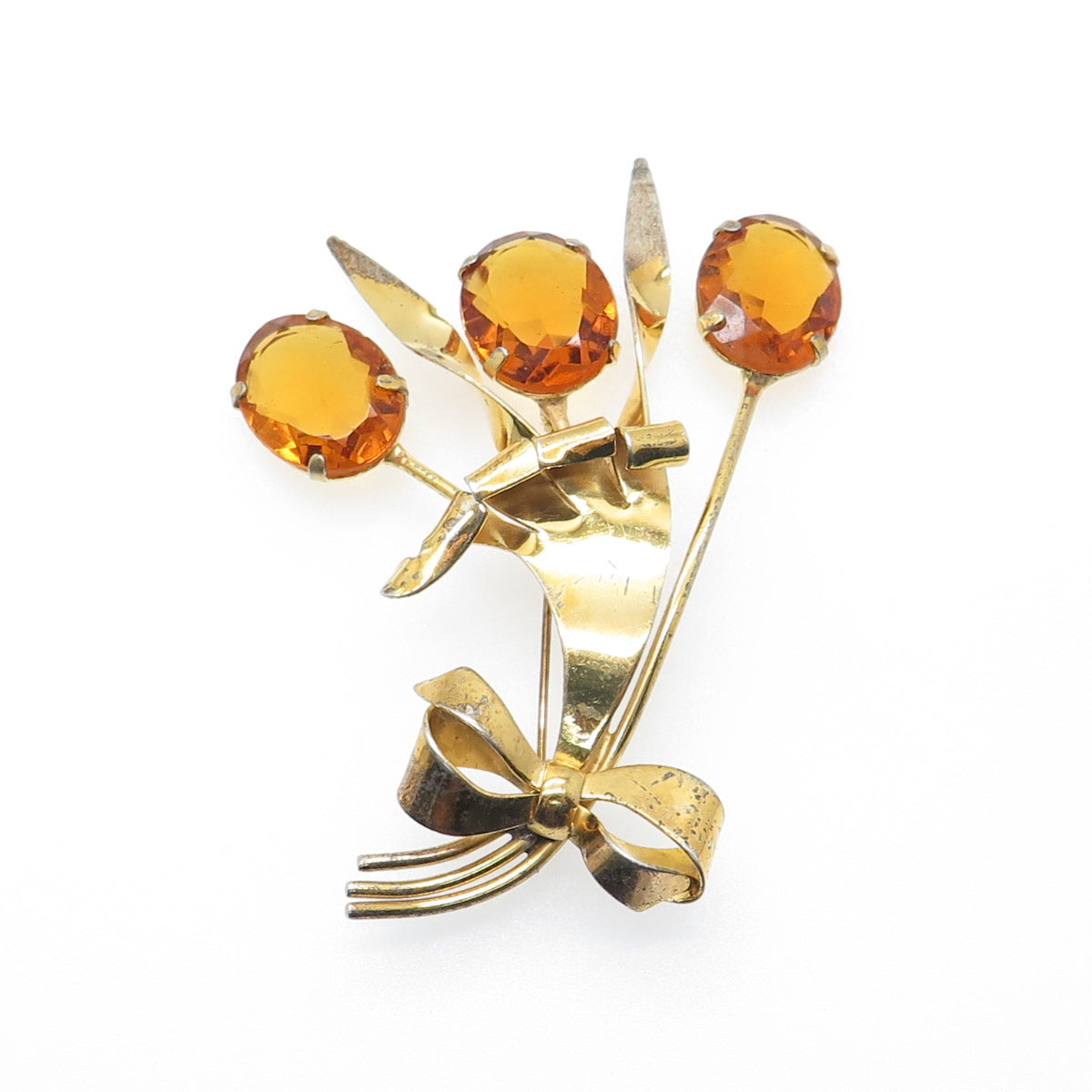 925 Sterling Silver Gold Plated Antique Real Citrine Flower Bouquet Pin Brooch
