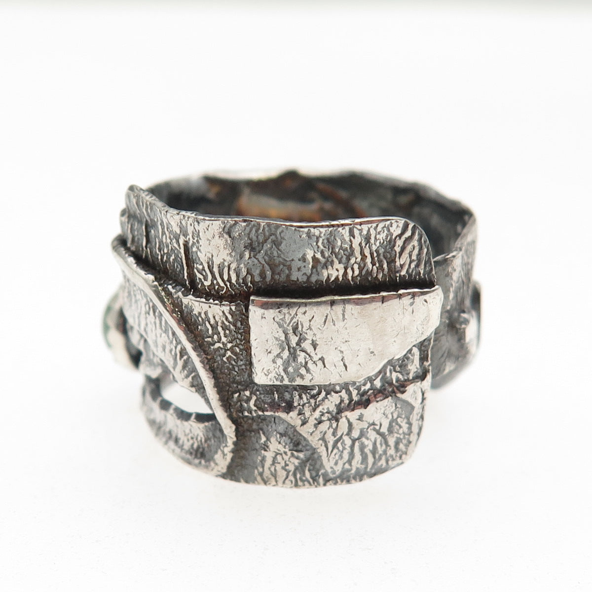 925 Sterling Silver Vintage Real Jade Modernist Oxidized Ring Size 9