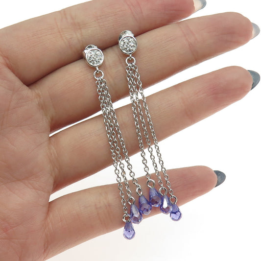 925 Sterling Silver Purple & White C Z Chain Drop Dangling Earrings