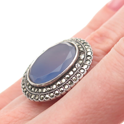 925 Sterling Antique Art Deco Germany Real Chalcedony & Marcasite Ring Size 5