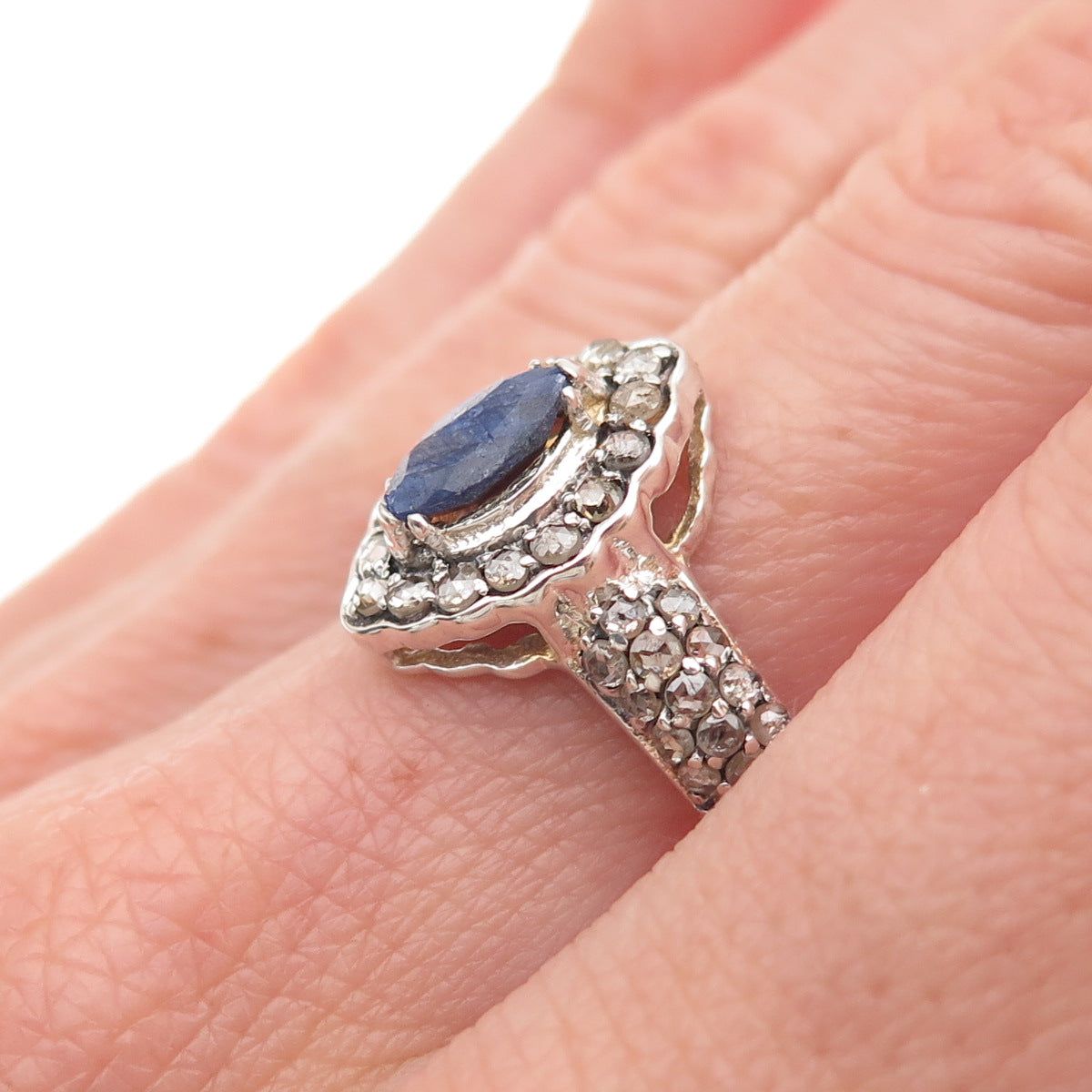 925 Sterling Silver Real Round-Cut Diamond & Sapphire Ring Size 6.75