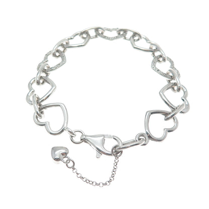 925 Sterling Silver Real Round-Cut Diamond Heart Link Bracelet 6.5"