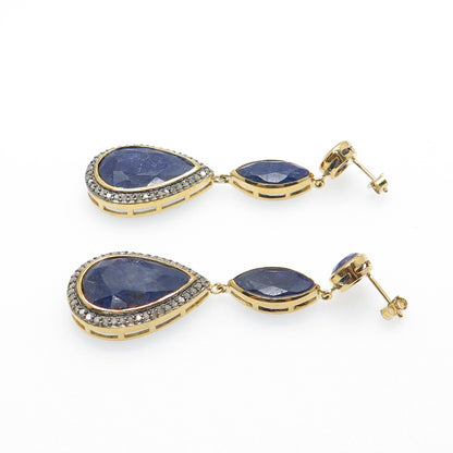 925 Sterling Silver Gold Plated Real Diamond & Sapphire Teardrop Dangle Earrings