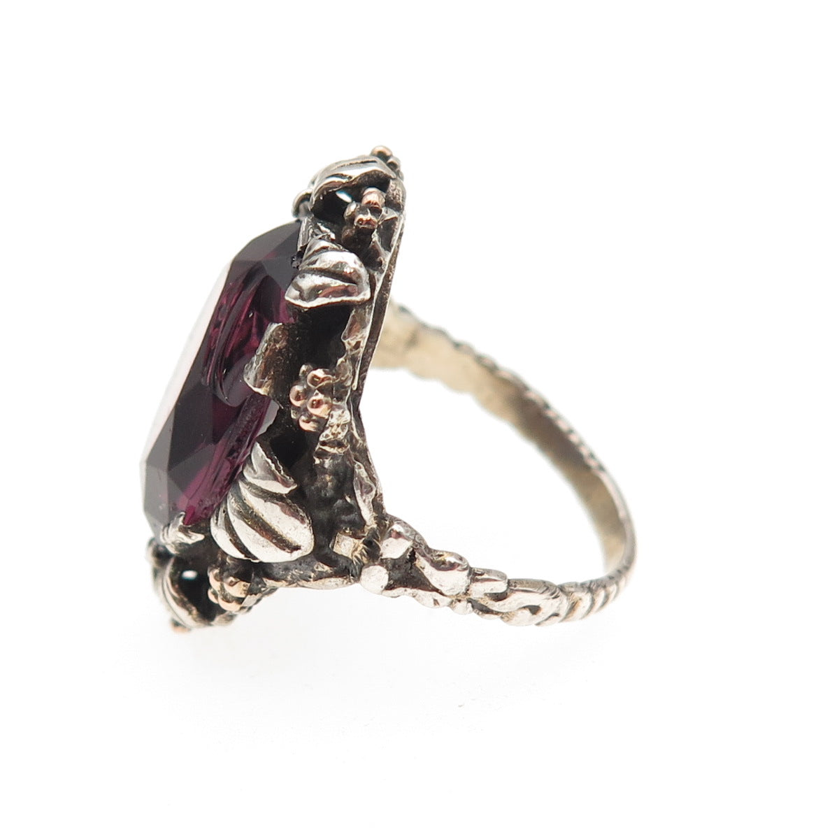 925 Sterling Silver Antique Victorian Purple Rhinestone Oxidized Ring Size 5