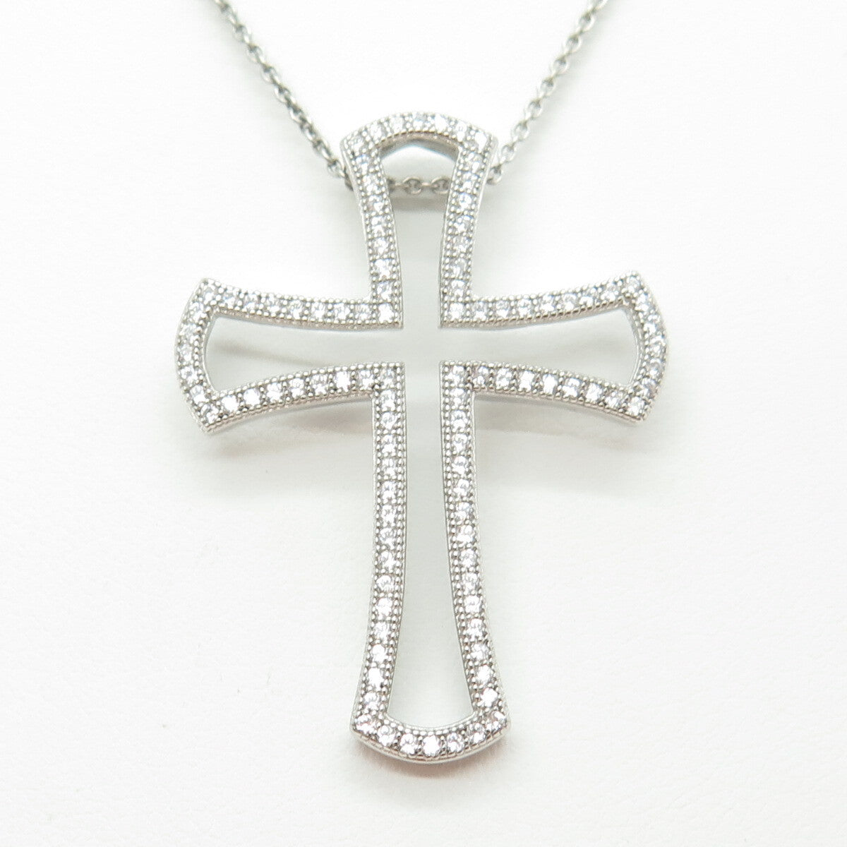 925 Sterling Silver Italy Round-Cut C Z Open Cross Cable Chain Necklace 16"