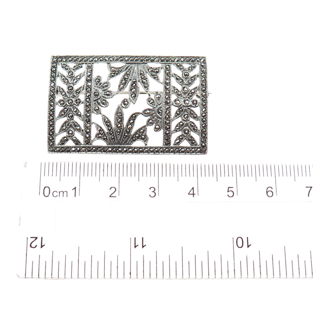 925 Sterling Silver Antique Art Deco Real Marcasite Floral Oxidized Pin Brooch