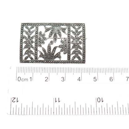 925 Sterling Silver Antique Art Deco Real Marcasite Floral Oxidized Pin Brooch
