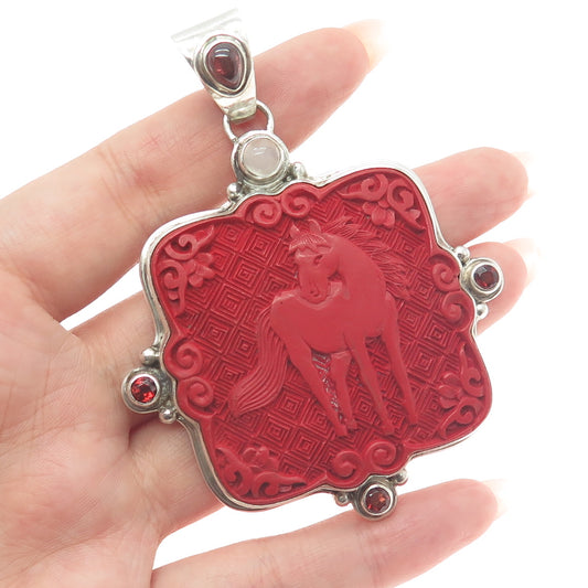 SAJEN Sterling Vintage Red Cinnabar Multi-Color Gem Horse Chinese Zodiac Pendant