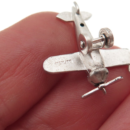 925 Sterling Silver Antique Retro Airplane Movable 3D Mini Charm Pendant