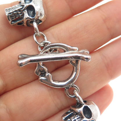 925 Sterling Silver Vintage Skull & Anchor Link Heavy 64.8g Bracelet 7.5"