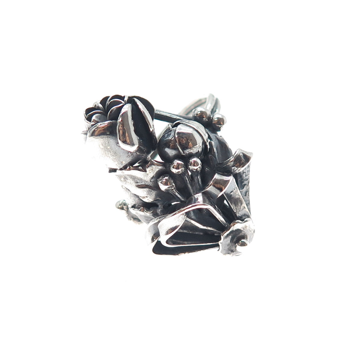 925 Sterling Silver Vintage Modernist Rose Flower Oxidized Ring Size 9