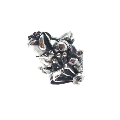 925 Sterling Silver Vintage Modernist Rose Flower Oxidized Ring Size 9