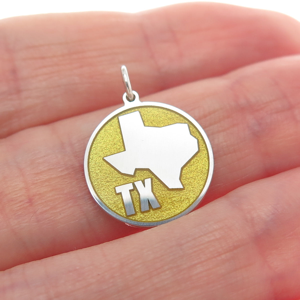 925 Sterling Silver Yellow Enamel Texas State Map Minimalist Charm Pendant