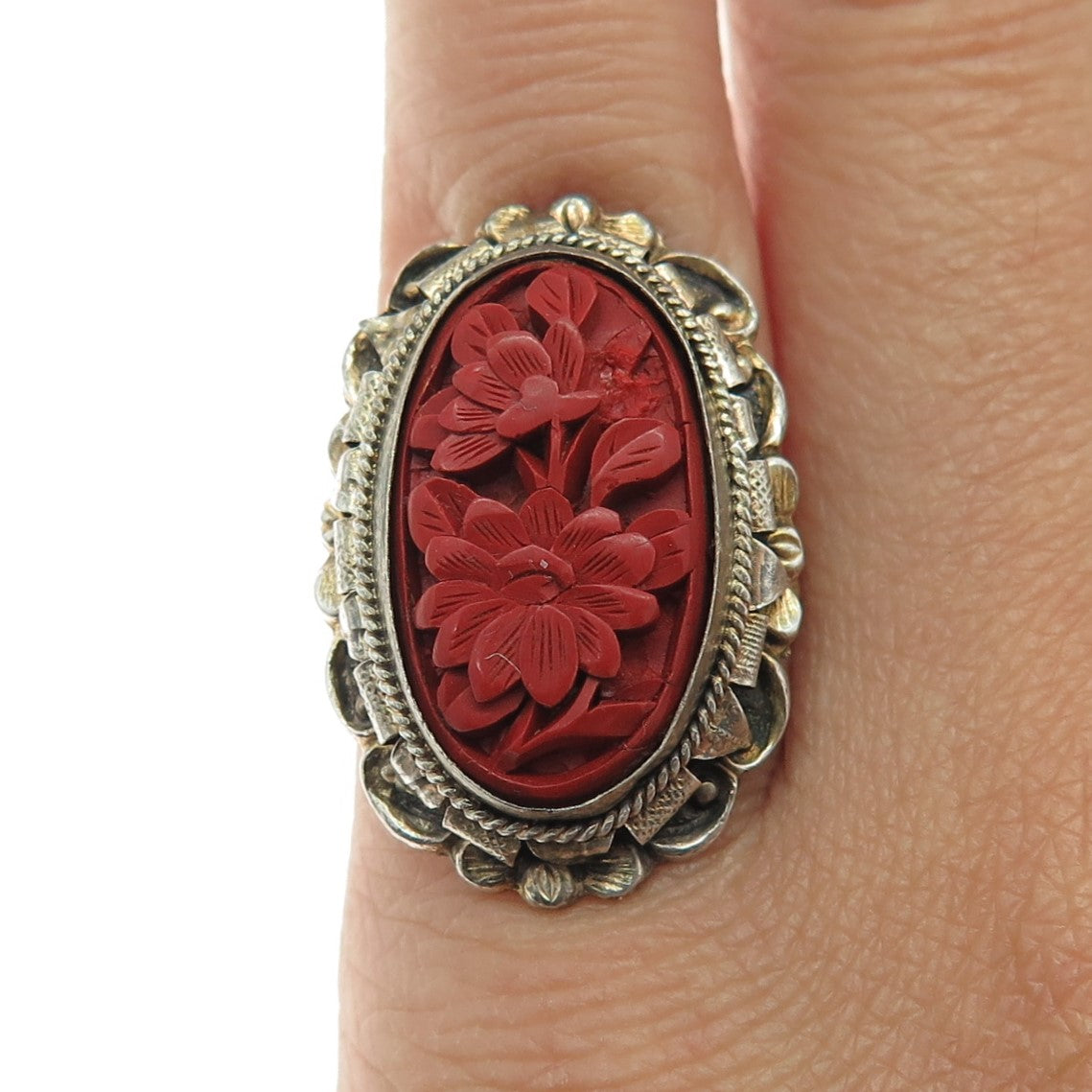 SUNC Sterling Gold Filled Antique China Carved Cinnabar Adjustable Ring Size 5