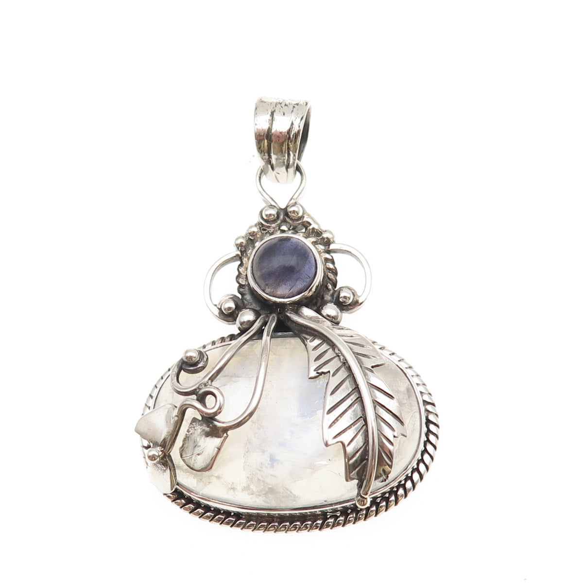 925 Sterling Silver Vintage Real Moonstone & Iolite Feather Large 22.4g Pendant