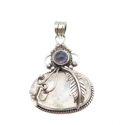 925 Sterling Silver Vintage Real Moonstone & Iolite Feather Large 22.4g Pendant