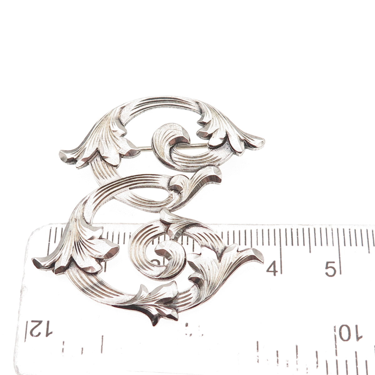 Plafina 925 Sterling Silver Vintage Mexico Letter E Floral Oxidized Pin Brooch