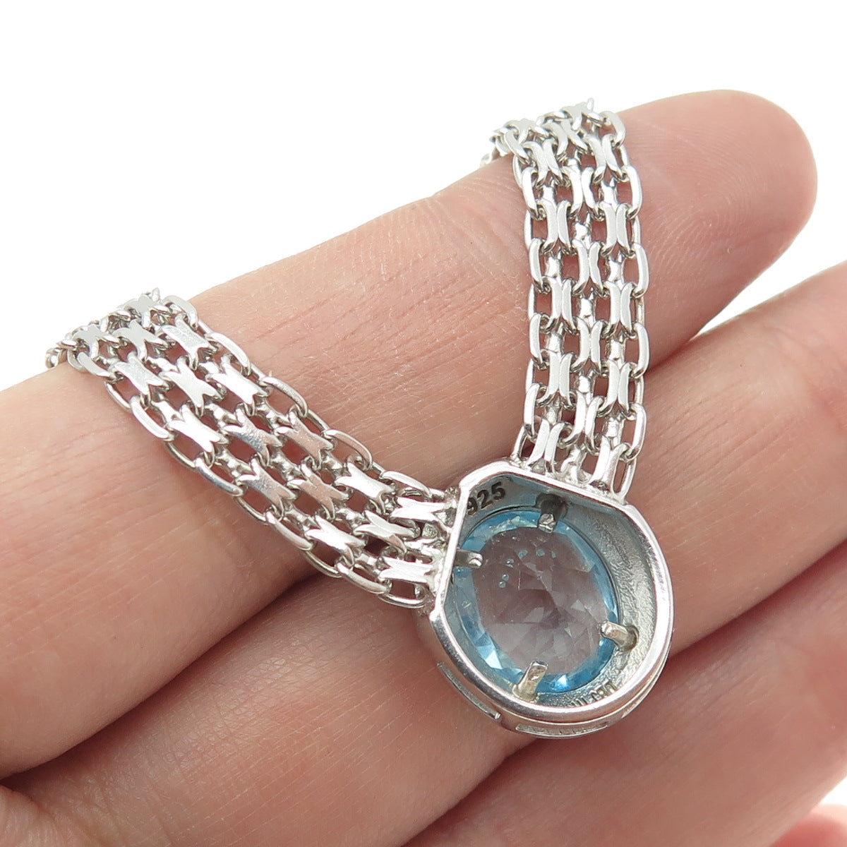 925 Sterling Silver Vintage Real Blue Topaz Gem Multi-Oval Chain Necklace 18"