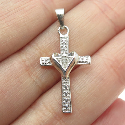 925 Sterling Silver Real White Diamond Accent Cross w/Heart Pendant