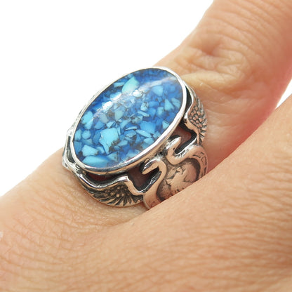 925 Sterling Silver Vintage Real Turquoise Gem Inlay Eagle Ring Size 4.5