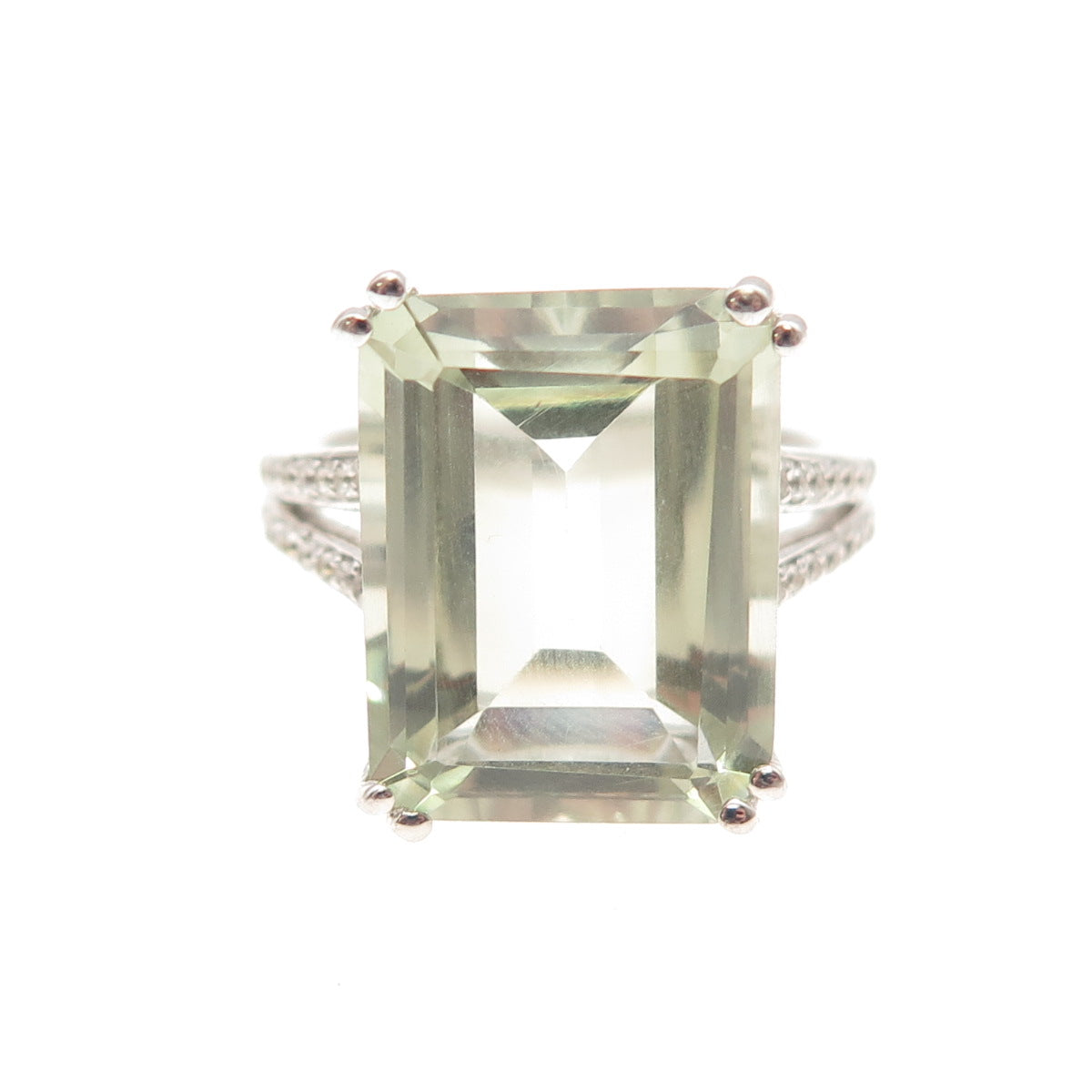 925 Sterling Silver Real Green Amethyst & White Topaz Ring Size 7