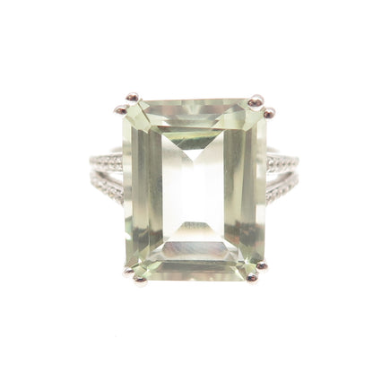 925 Sterling Silver Real Green Amethyst & White Topaz Ring Size 7