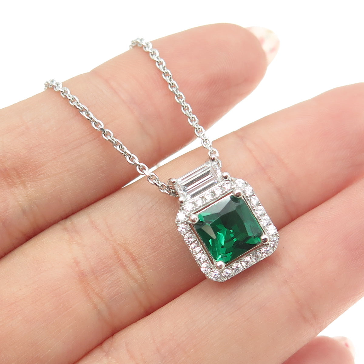 925 Sterling Silver Multi-Cut Green & White C Z Cable Chain Necklace 18"