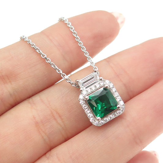 925 Sterling Silver Multi-Cut Green & White C Z Cable Chain Necklace 18"