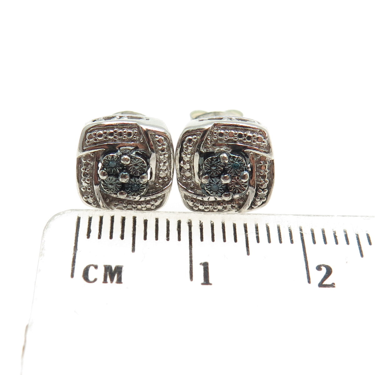 JANE SEYMOUR 925 Sterling Silver Real Blue & White Diamond Cushion Stud Earrings