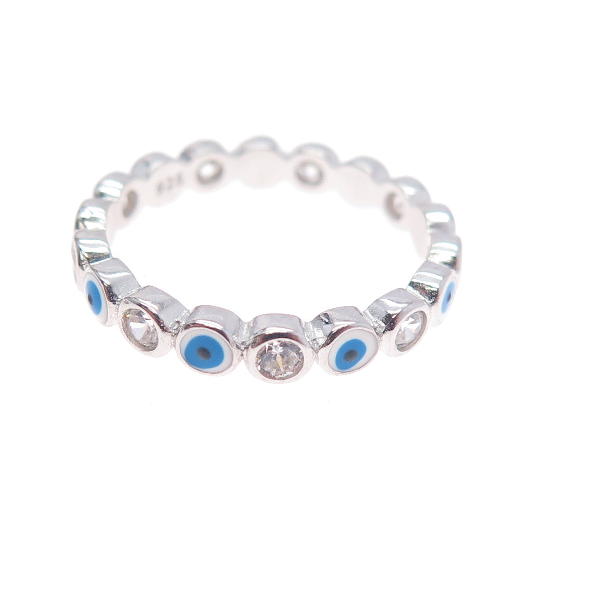 925 Sterling Silver Enamel & C Z Evil's Eye All Around Band Ring Size 7