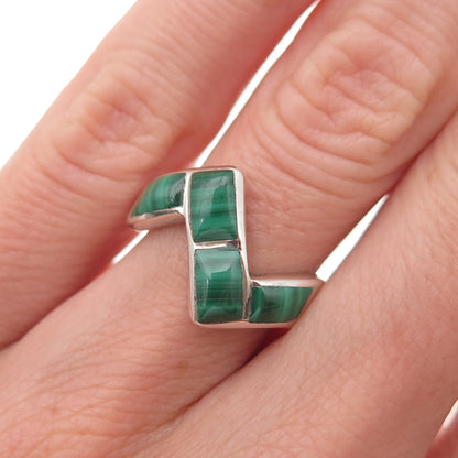 Doug Paulus Sterling Silver Vintage Real Malachite Zig Zag Oxidized Ring Size 6