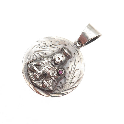 925 Sterling Silver Vintage Real Ruby Saint Barbara Oxidized Medal Pendant