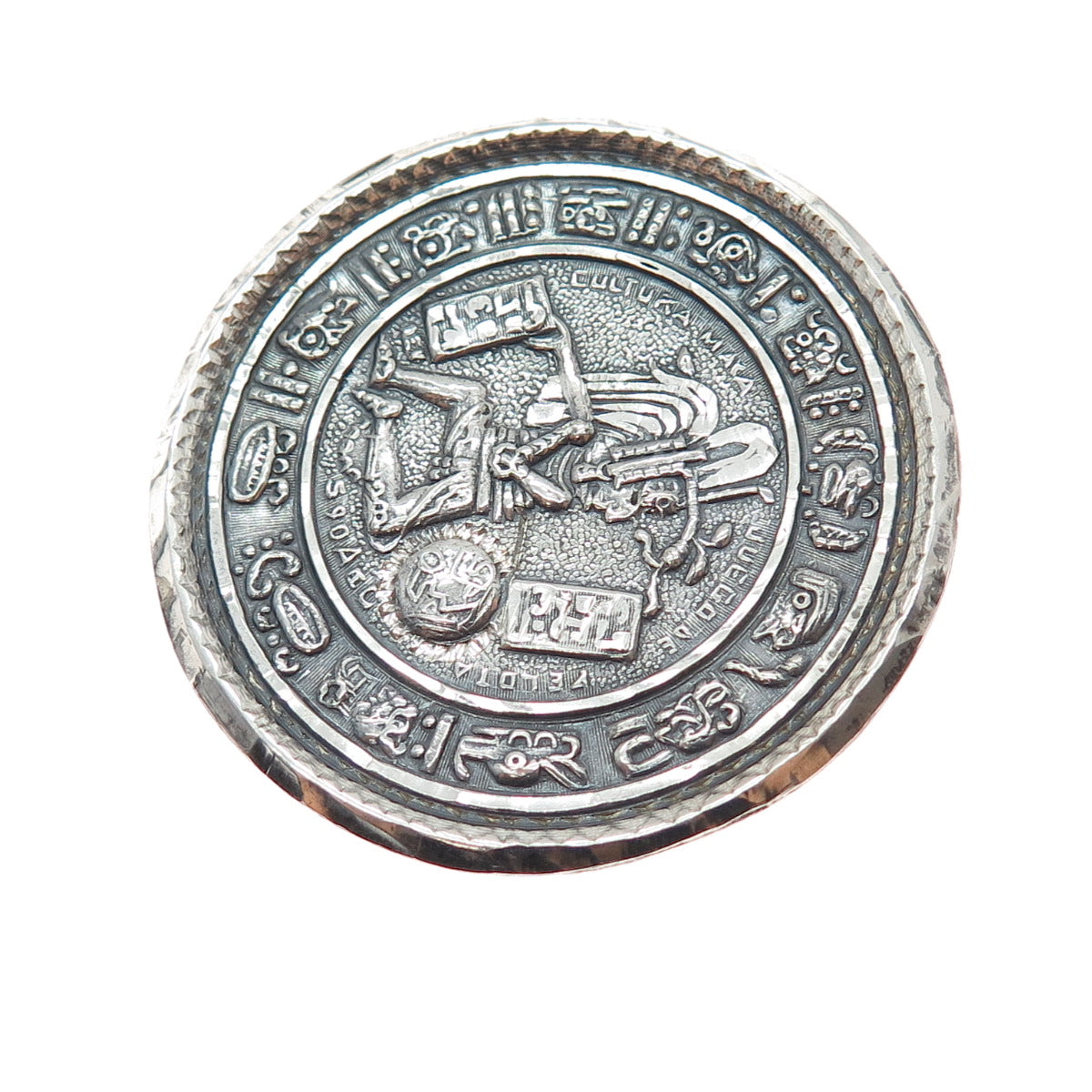 925 Sterling Silver Vintage Mexico Aztec Disc Oxidized Pin Brooch / Pendant
