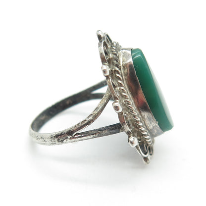 925 Sterling Silver Vintage Mexico Real Green Onyx Oxidized Ring Size 3.25